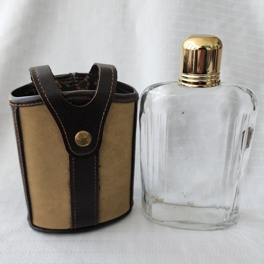 Vintage Ribbed Glass Hip Flask‎ with Two Tone Faux Leather Snap Sleeve Gold Cap
